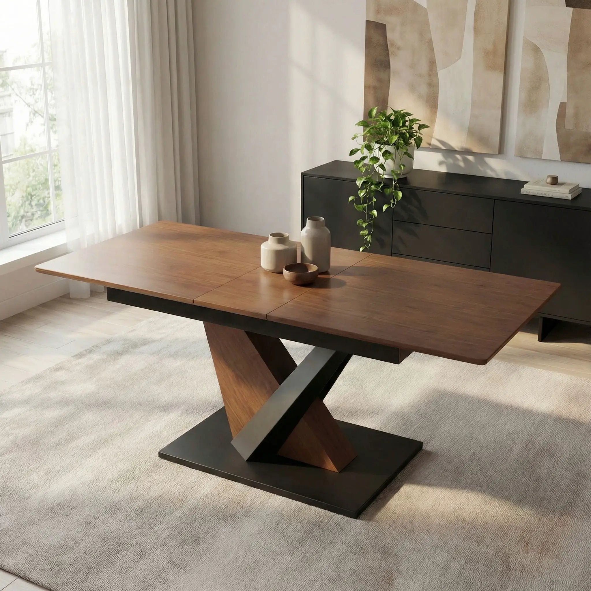 Dining Table, Scratch Resistant, Cross Geometric Legs For Kitchen & Dining Room - Dark Walnut by Unique Piece Furniture