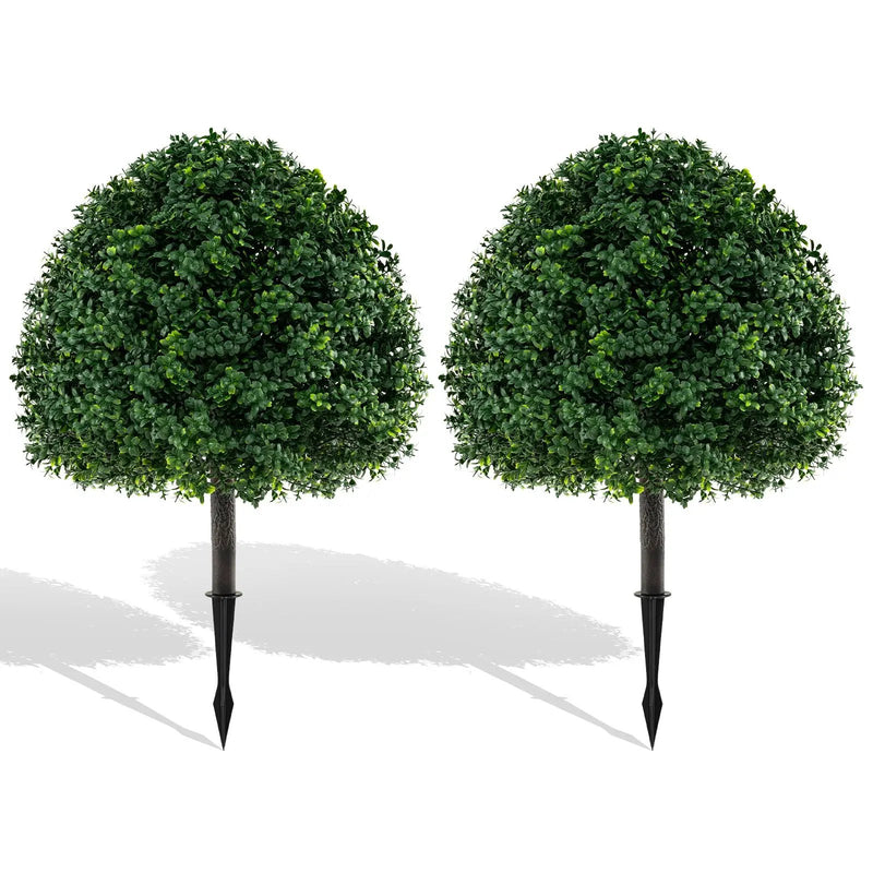 28 Inches Artificial Boxwood Topiary Ball Tree Set of 2 with Ground Spike-Green by DirectDeals