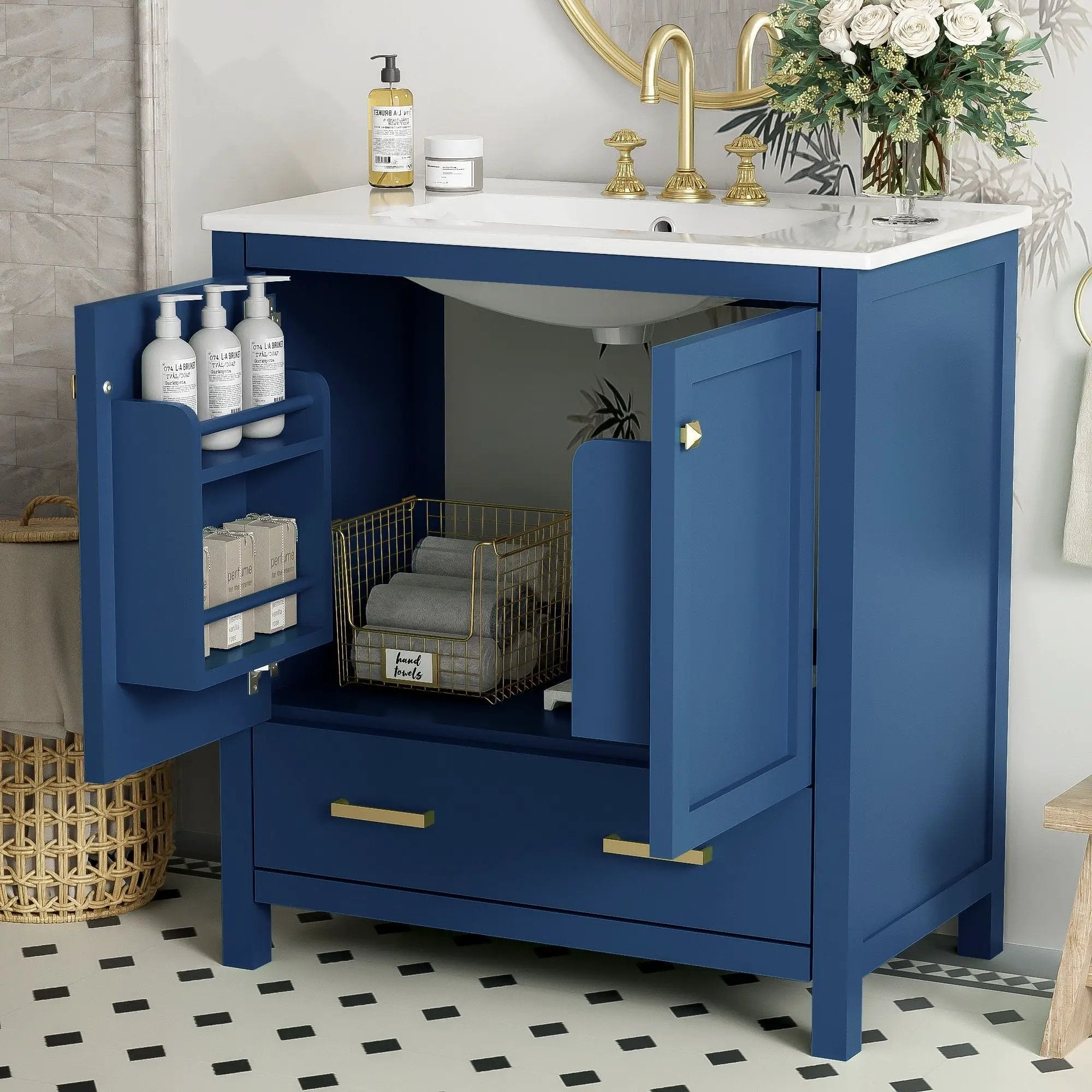 Bathroom Vanity With Single Sink, Combo Cabinet Undermount Sink, Bathroom Storage Cabinet With Two Doors And A Drawer, Soft Closing, Multifunctional Storage, Solid Wood Frame by HouseOfZazla