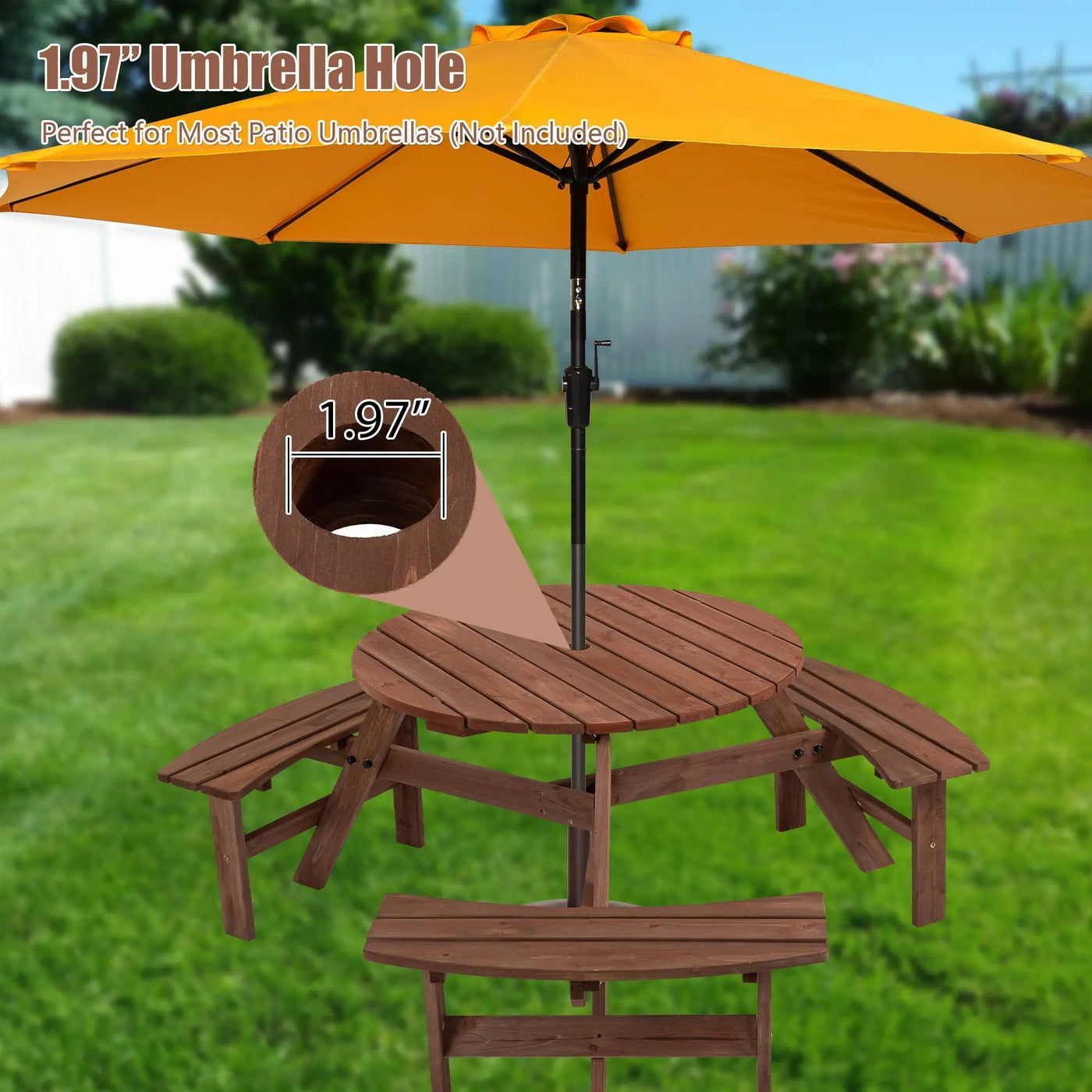 6 Person Circular Outdoor Wooden Picnic Table For Patio, Backyard, Garden, Diy With 3 Built-In Benches, 1720Lb Capacity by Unique Piece Furniture