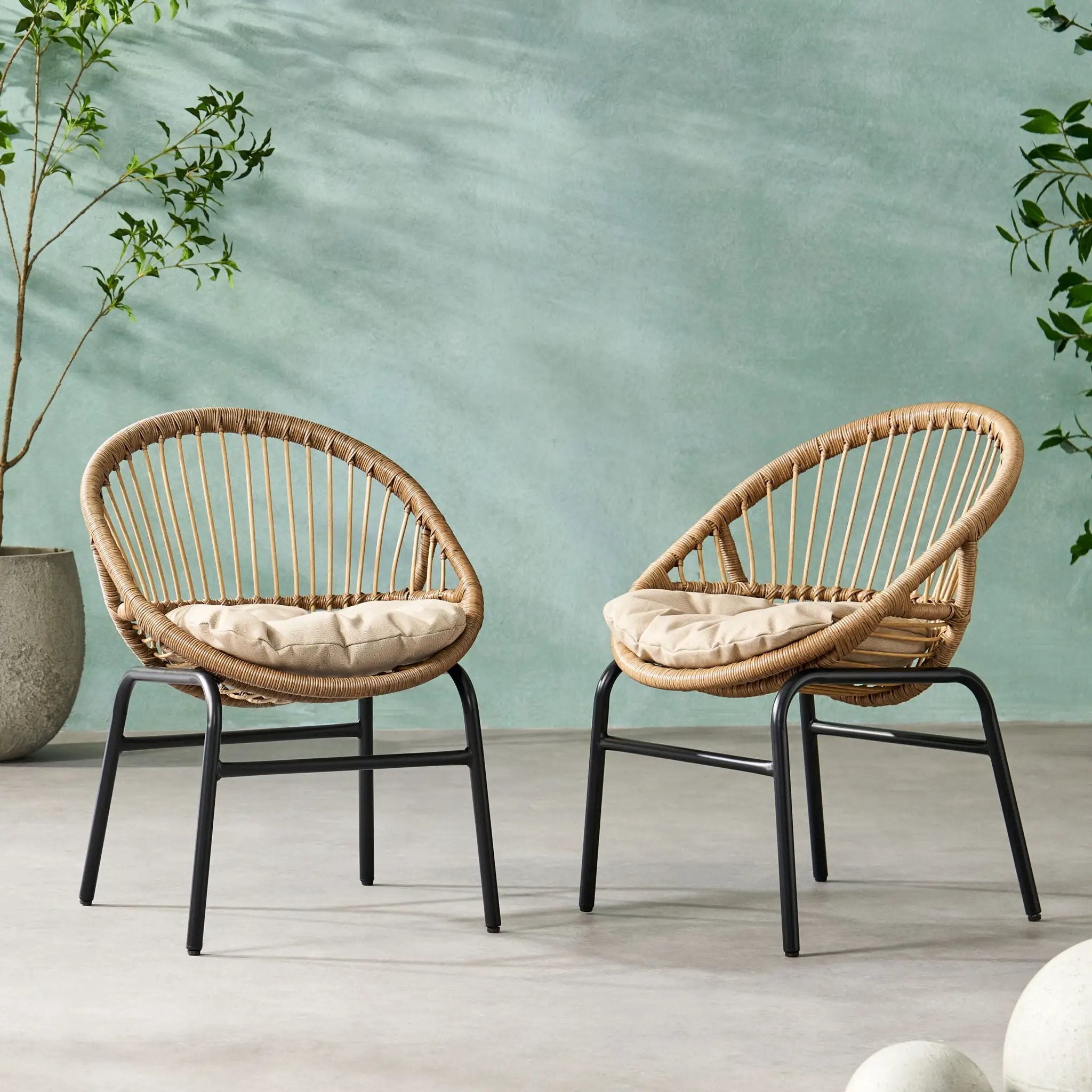 Outdoor Accent Chair With Curved Back And Basket Frame (Set of 2) - Light Brown / Beige by HouseOfZazla