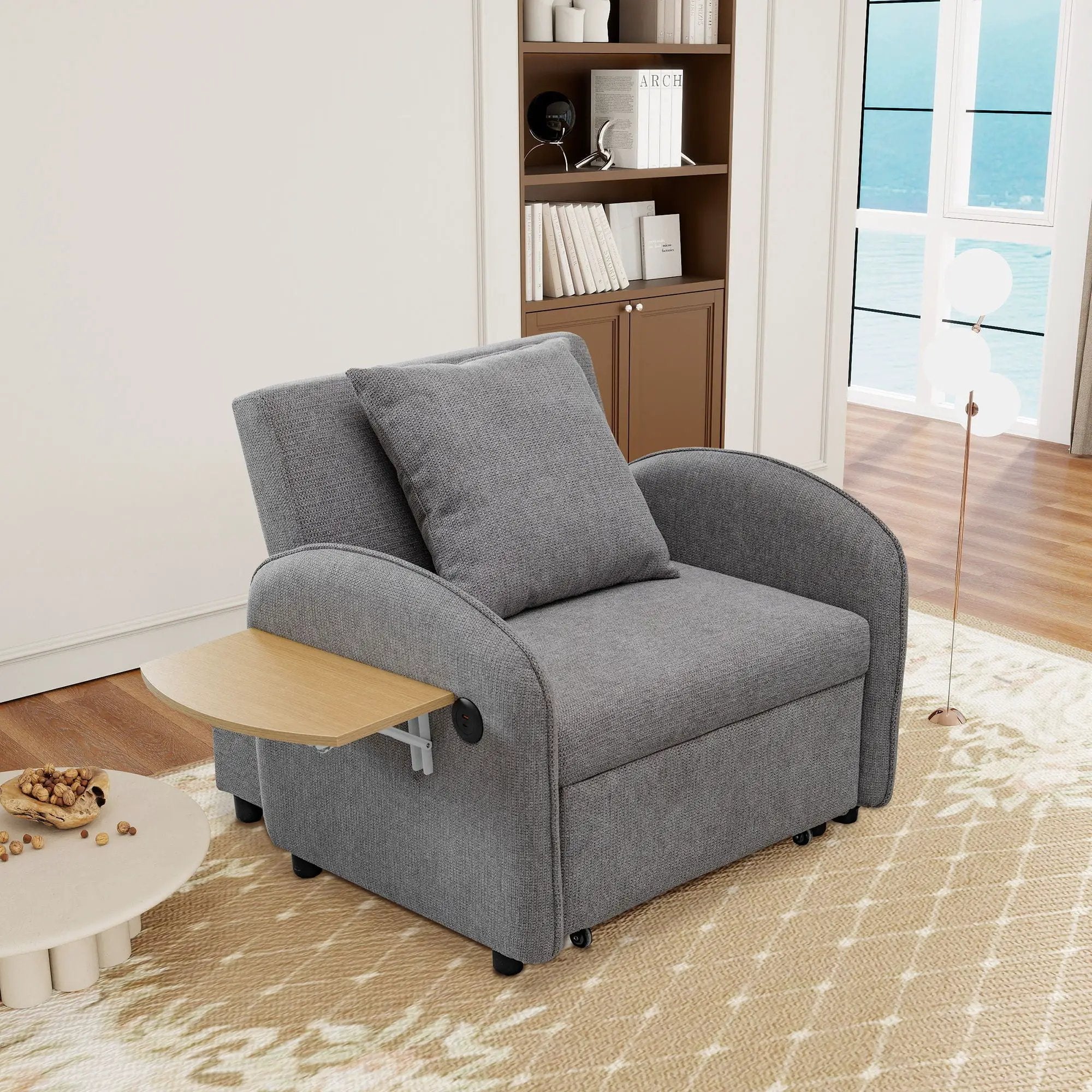 Convertible Single Chair Bed 3 In 1 Sofa With Computer Board And USB Ports - Gray