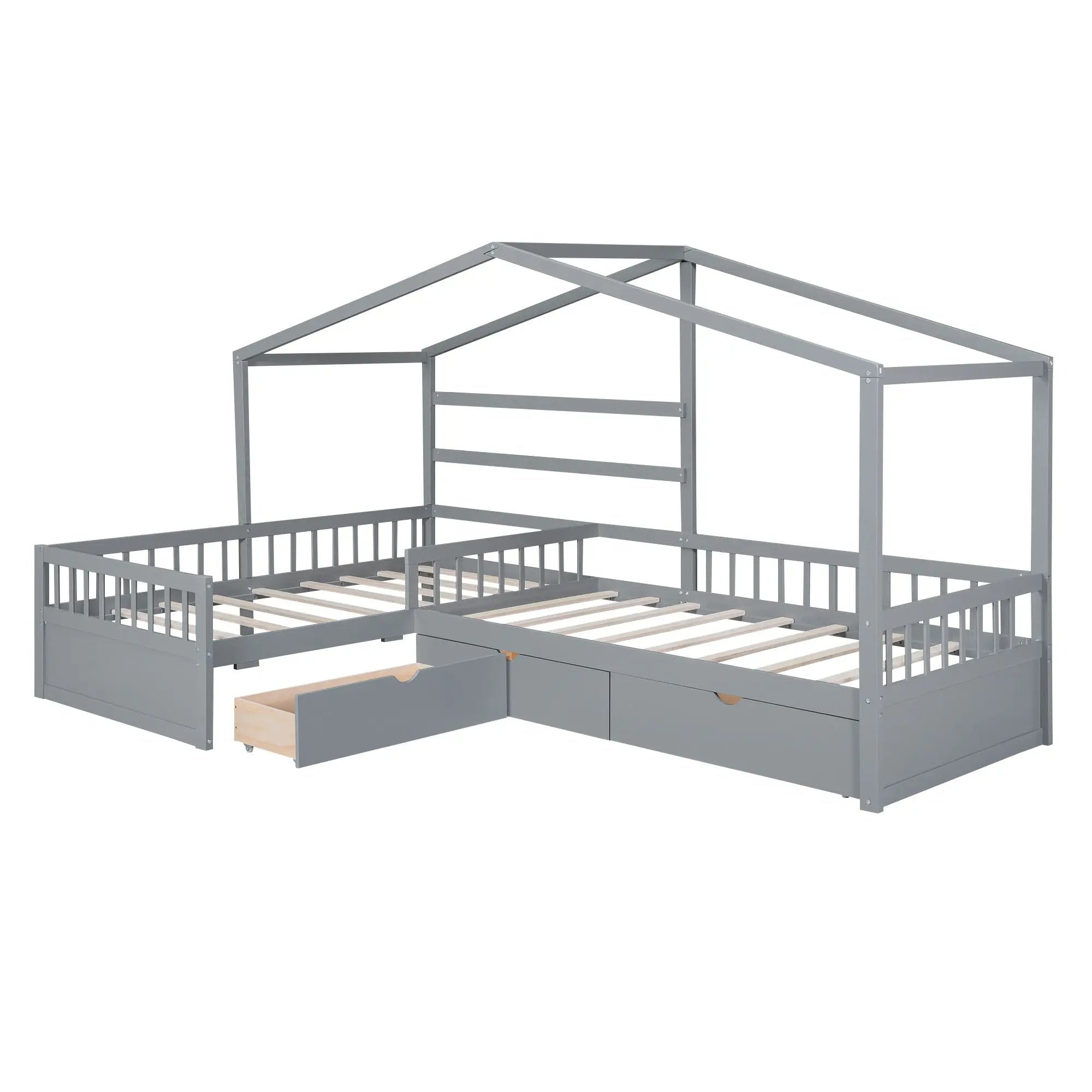 L Shape Platform Bed With 3 Storage Drawers
