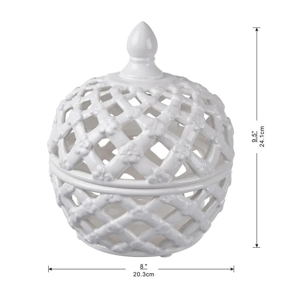 Ceramic Lidded Jar With Lattice Design - White by HouseOfZazla
