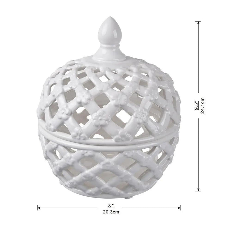 Ceramic Lidded Jar With Lattice Design - White by HouseOfZazla