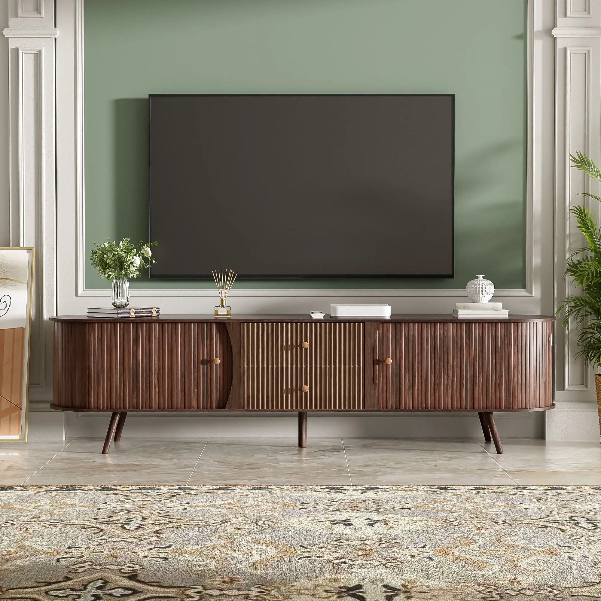 70" TV Stand With Tambour Doors And Fluted Drawers - Dark Brown by Unique Piece Furniture