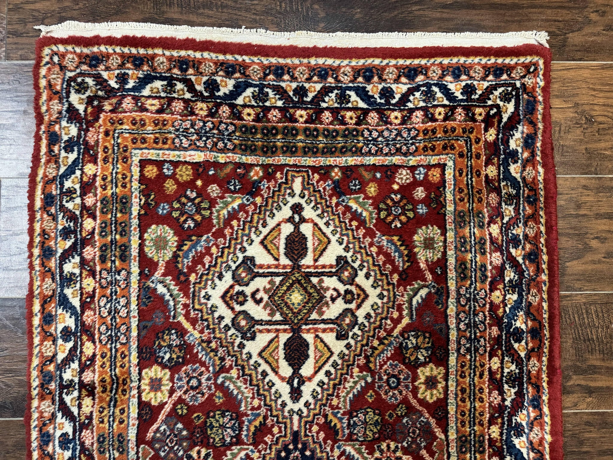 Antique Persian Qashqai Runner Rug 3 x 13 ft, Tribal Runner, Geometric Medallions, Red Ivory Blue, Wool by Jewel Rugs