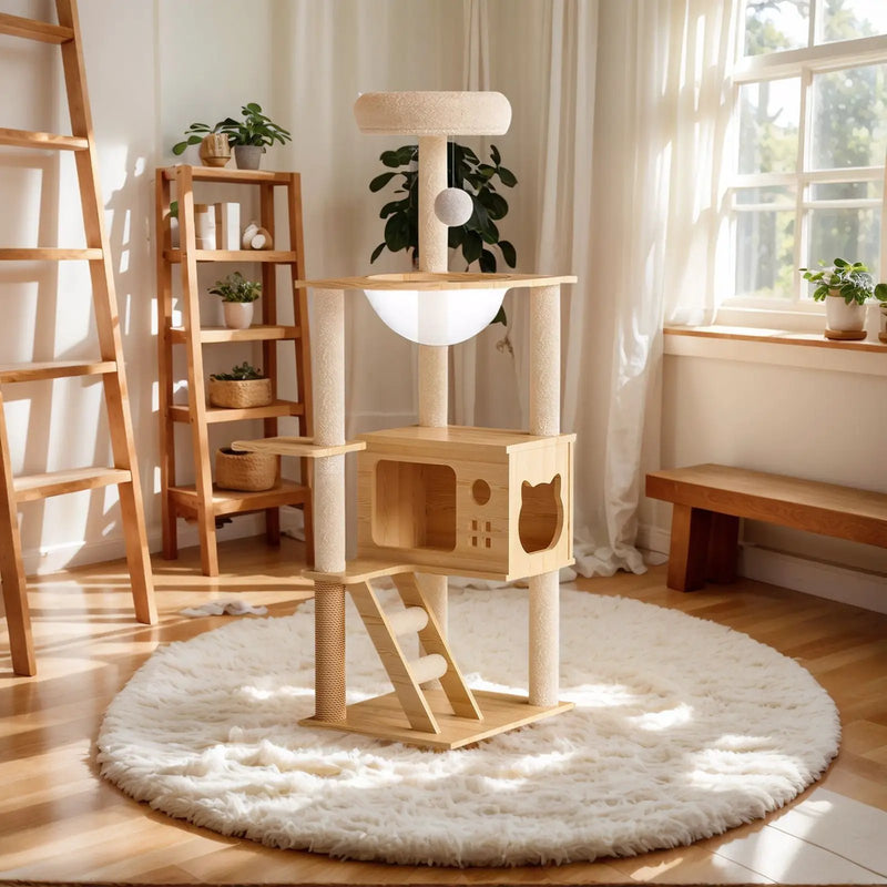 Modern Cat Tower, Wood Cat Tree Tower For Indoor Cats, Cat Tree With Sisal Covered Scratching Posts And Top Perch - Natural / White by HouseOfZazla