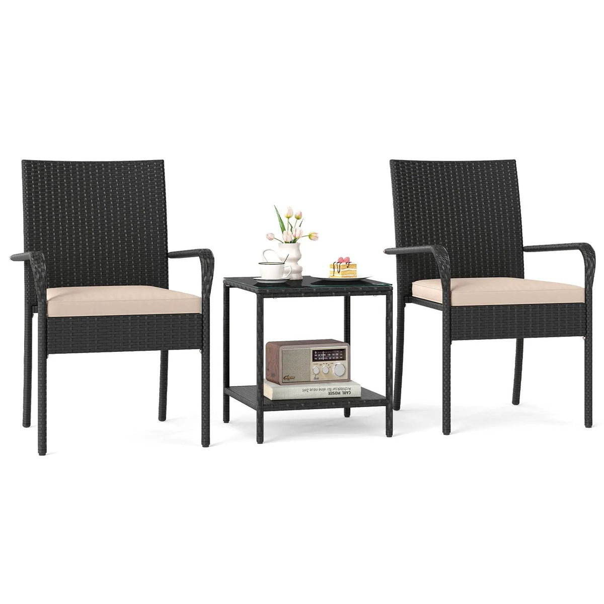 3 Piece Patio Furniture Set with Seat Cushions and Tempered Glass Tabletop, photo 11 of 24