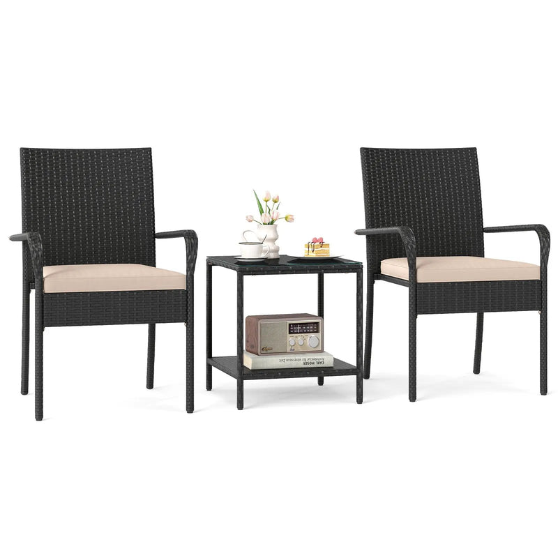 3 Piece Patio Furniture Set with Seat Cushions and Tempered Glass Tabletop by DirectDeals