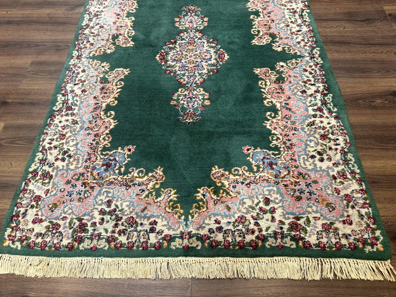 Persian Kerman Rug 4x6, Green Ivory Pink, Wool Vintage, Semi Open Field by Jewel Rugs