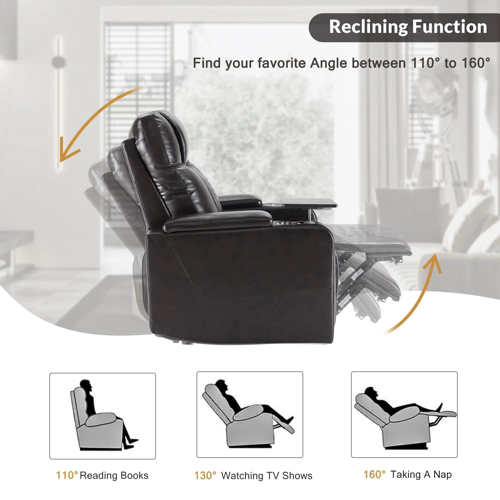 Power Motion Recliner With USB Charging Port And Hidden Arm Storage 2 Convenient Cup Holders Design And 360 Degree Swivel Tray Table by HouseOfZazla