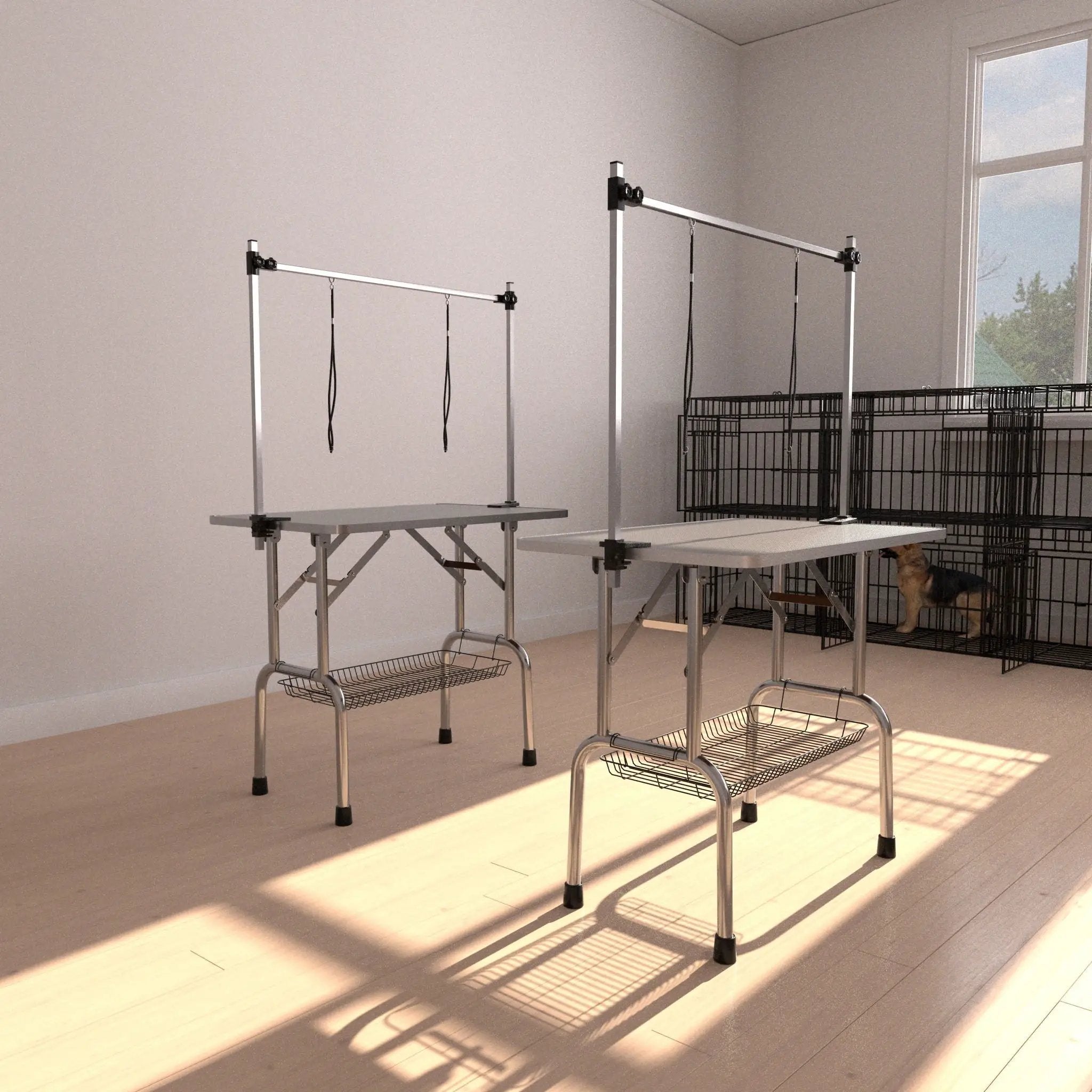 Folding Dog Pet Grooming Table Stainless Steel Frame Rubber Mat On Board With Adjustable Arm And Clamps Pet Dog Cat Grooming Table by HouseOfZazla