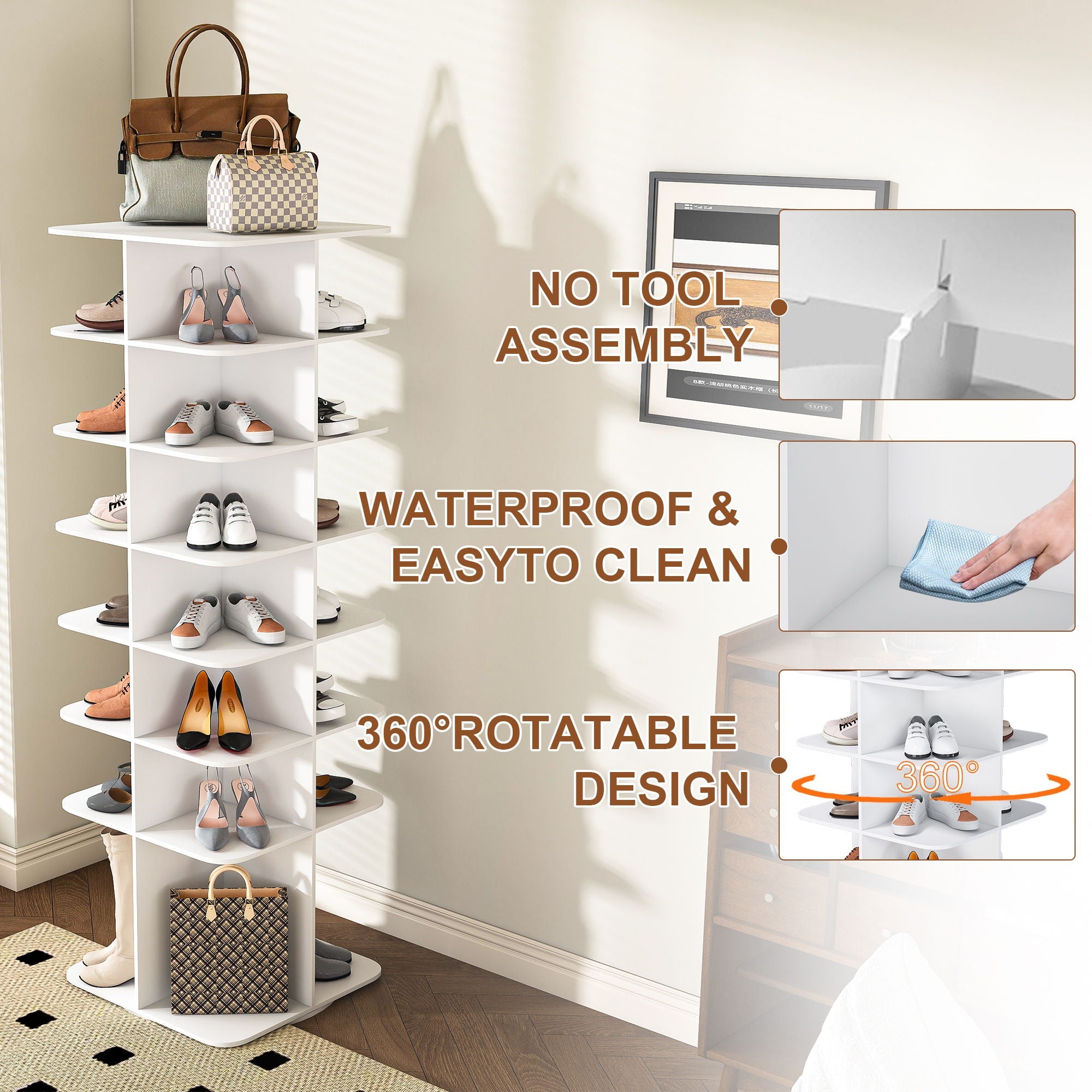 7 Tier Square Rotating Shoe Rack Tower With 360° Spinning Organizer - White by HouseOfZazla