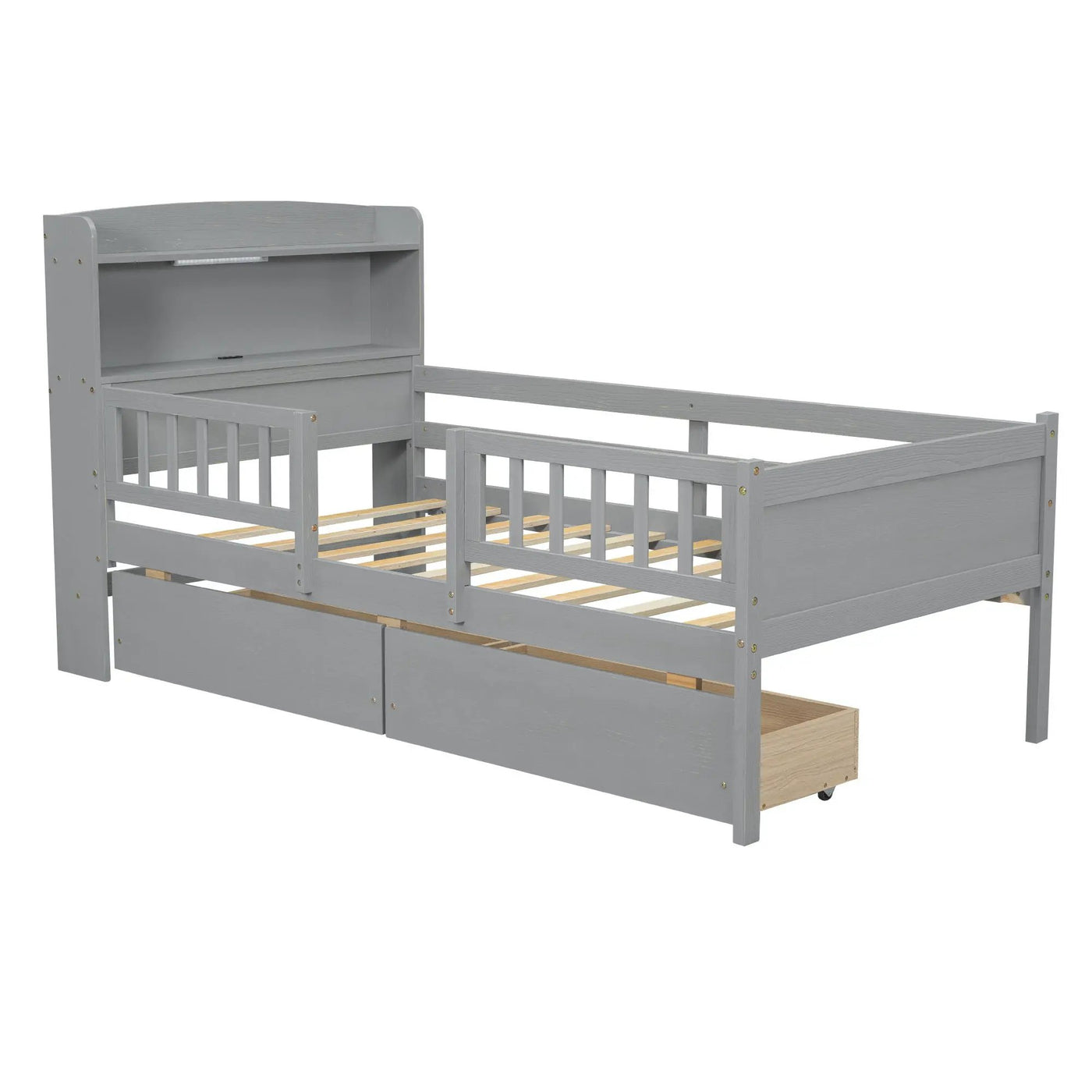 Platform Bed With LED Light, Multi Functional Headboard, Guardrail And 2 Drawers by HouseOfZazla