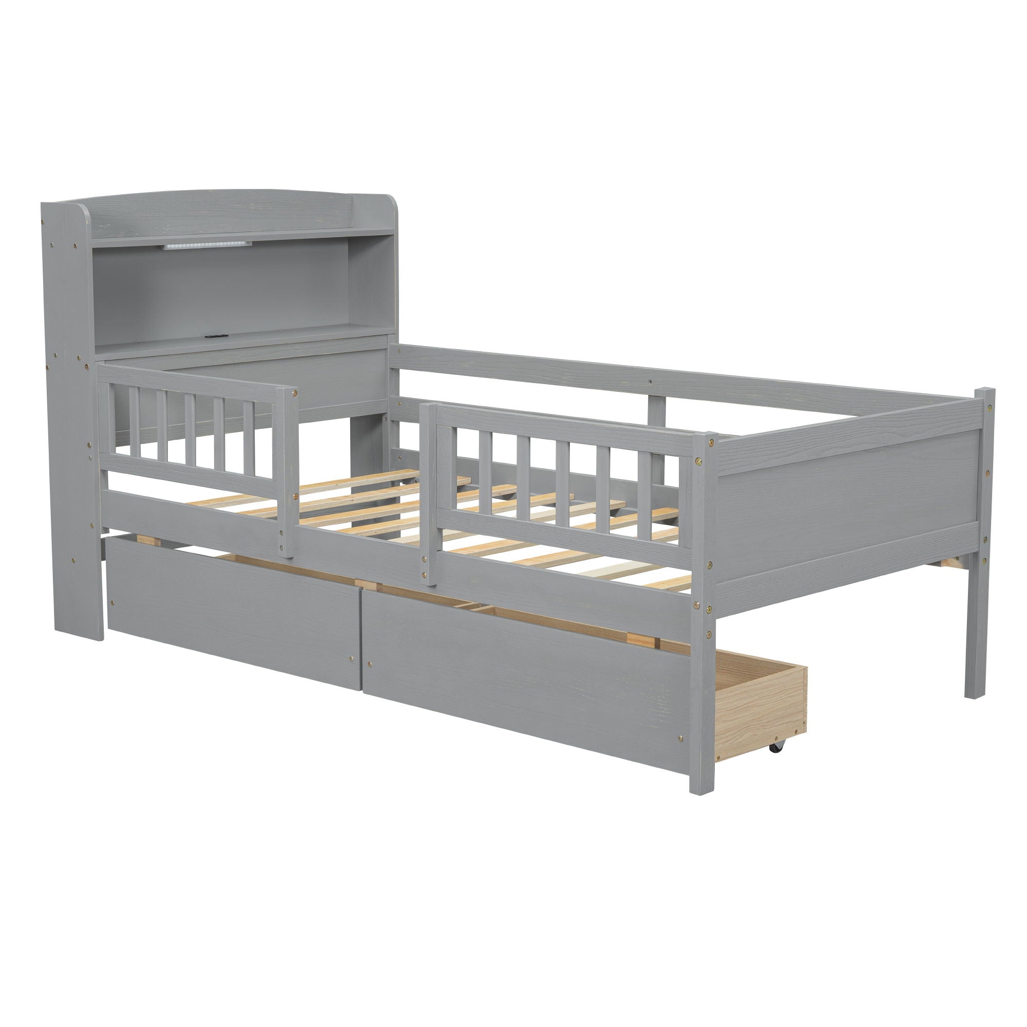 Platform Bed With LED Light, Multi Functional Headboard, Guardrail And 2 Drawers by HouseOfZazla