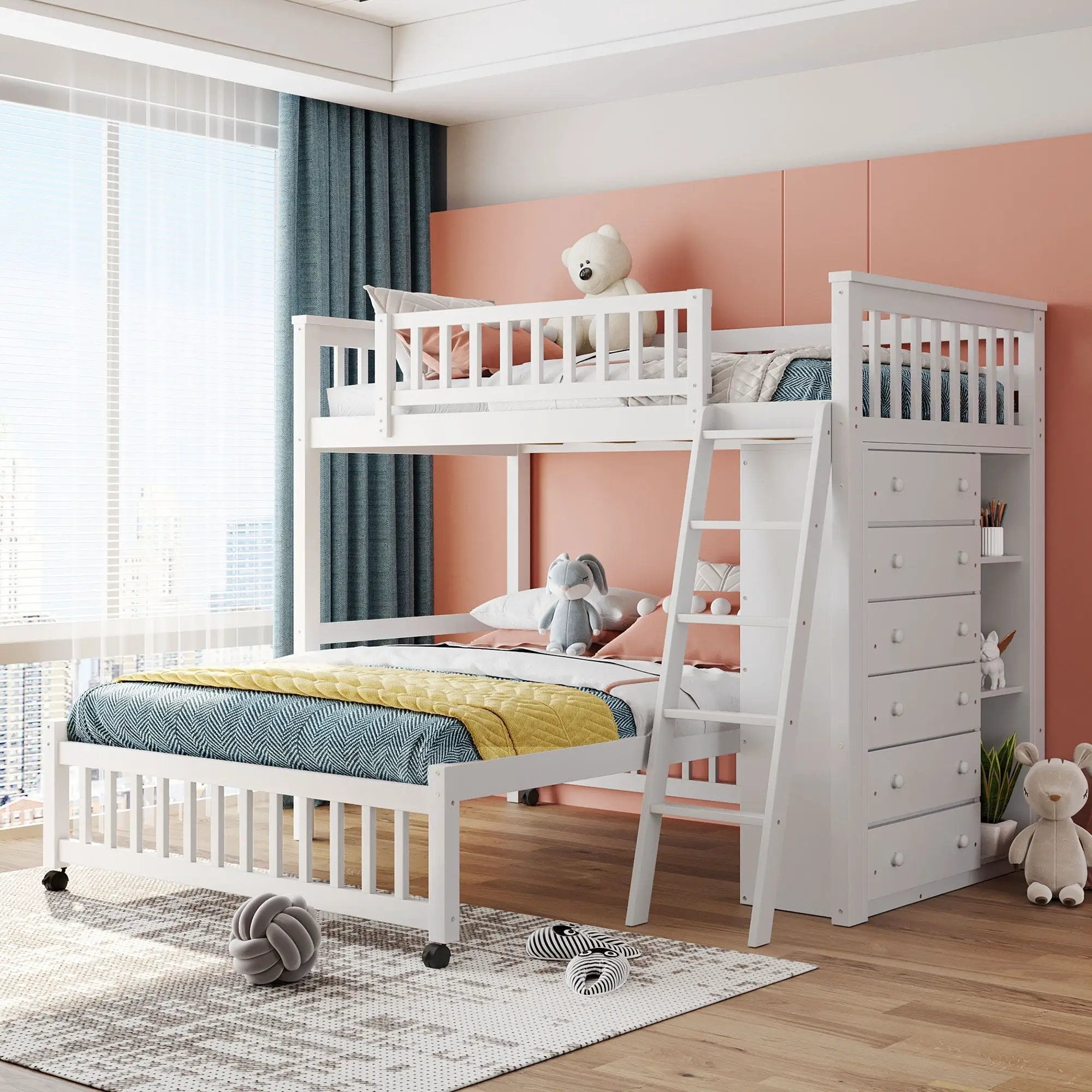 Bunk Bed With 6 Drawers And Flexible Shelves, Bottom Bed With Wheels by Unique Piece Furniture