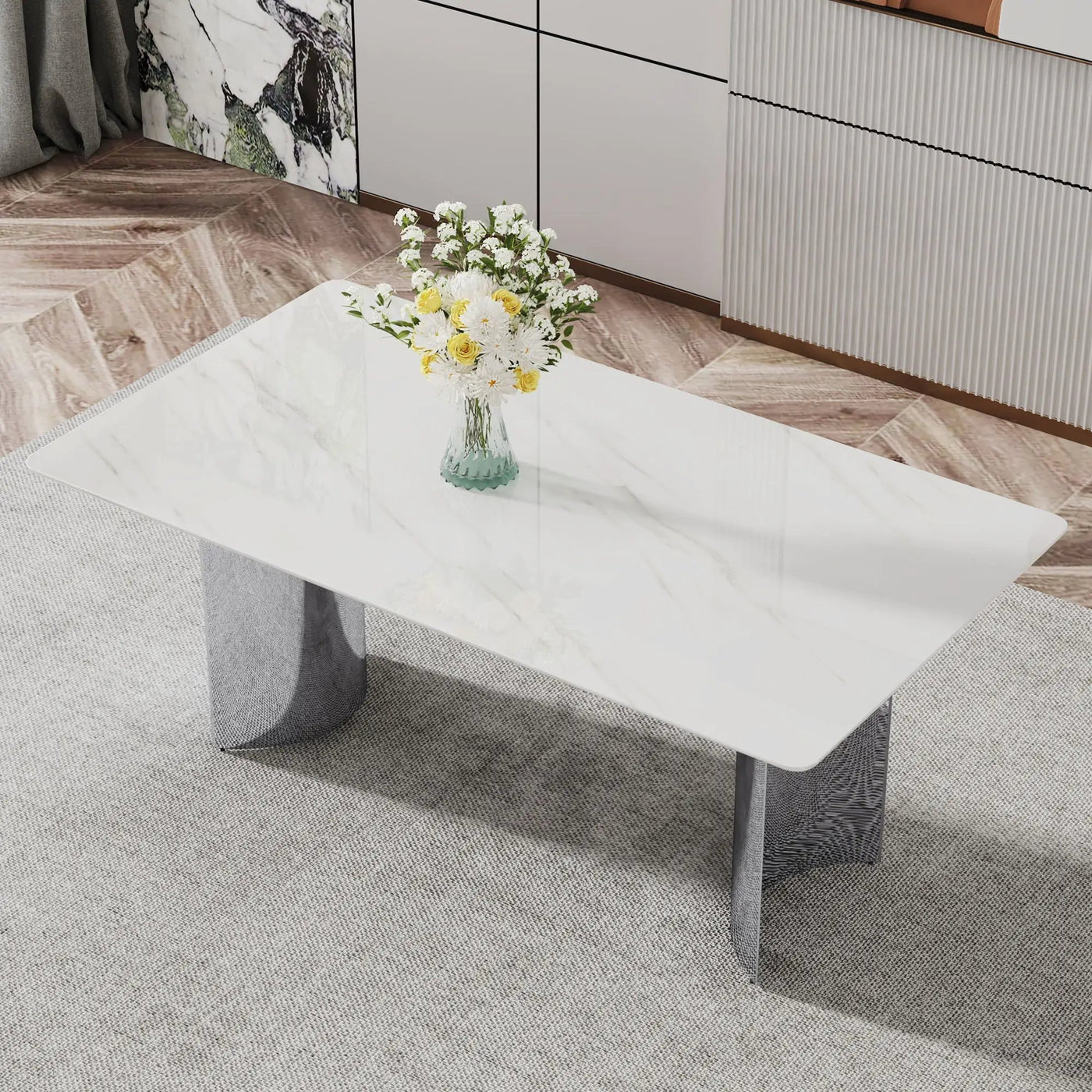 Modern Minimalist Dining Table with Imitation Marble Glass Top and Metal Legs by HouseOfZazla