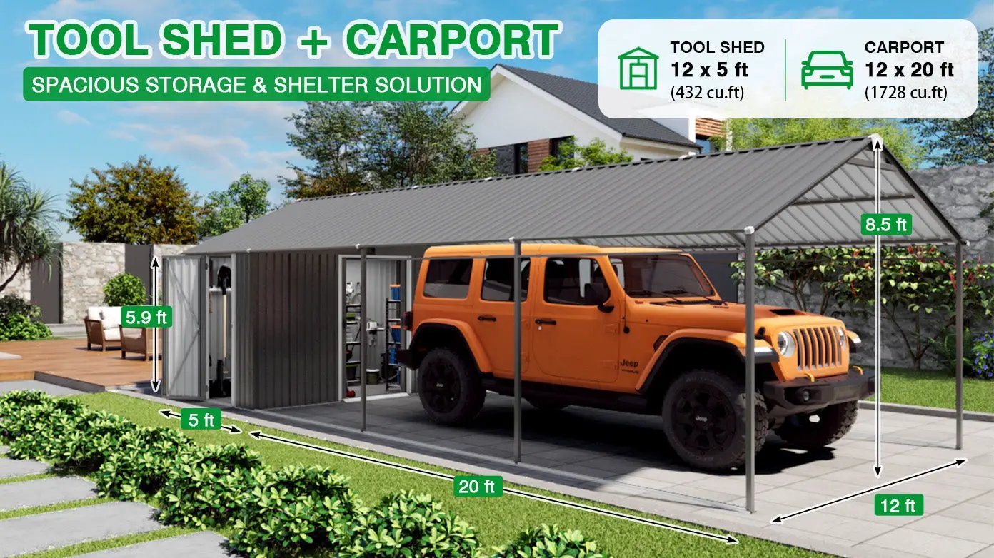 12x25 FT Galvanized Steel Carport with Shelter and Shed by HouseOfZazla