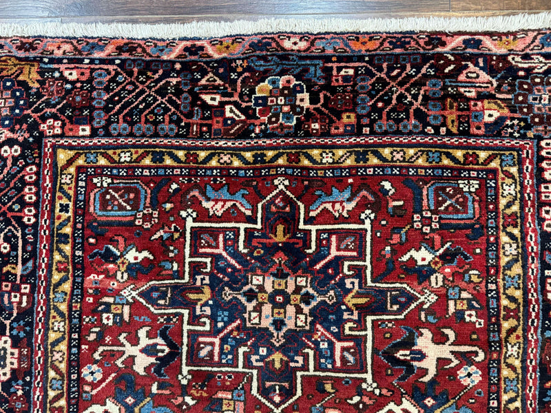 Persian Karajeh Rug 5x6, Antique Heriz Carpet, Geometric, Persian Tribal Rug, Brick Red Navy Blue by Jewel Rugs