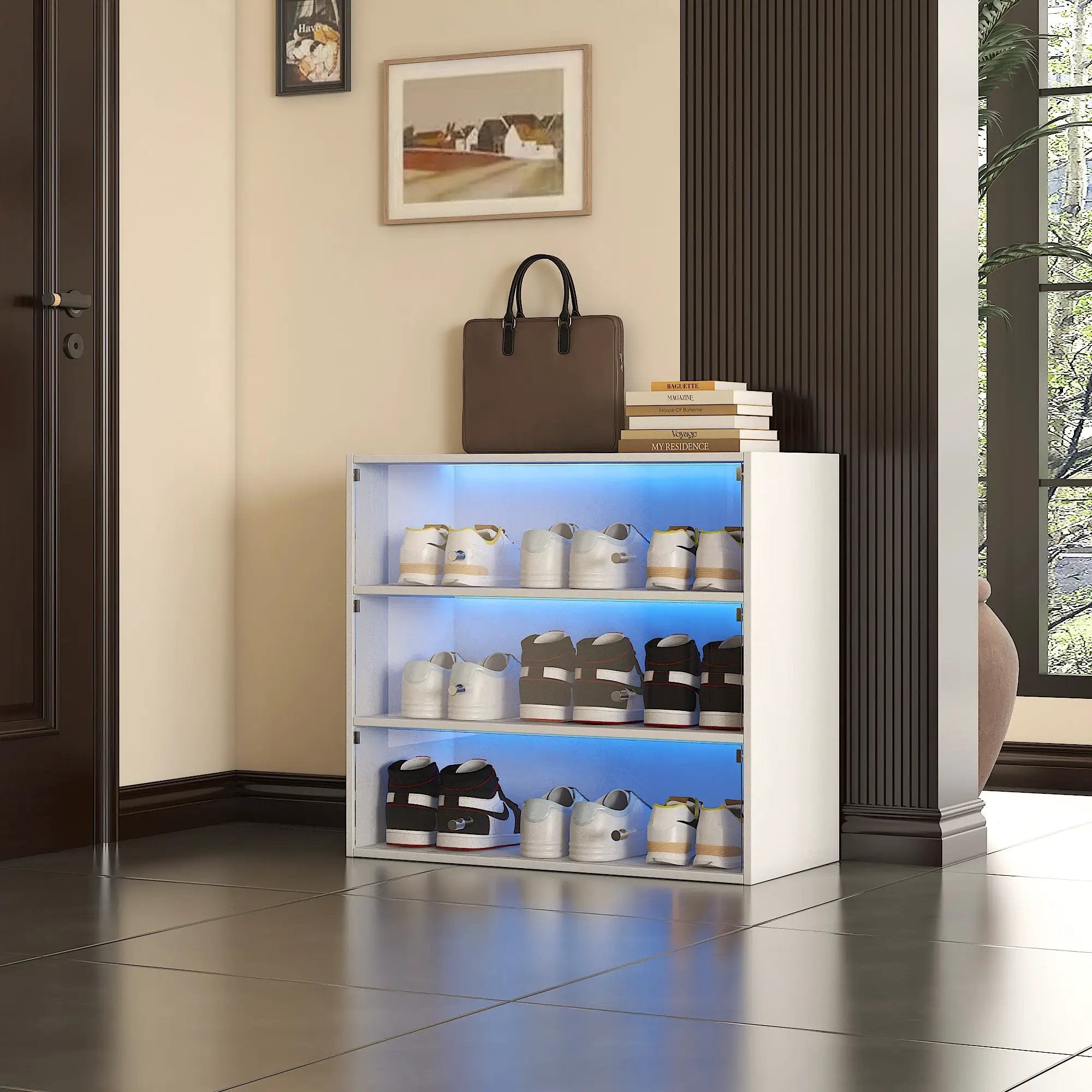 White Glass Door Shoe Storage Cabinet with RGB LED Light by HouseOfZazla