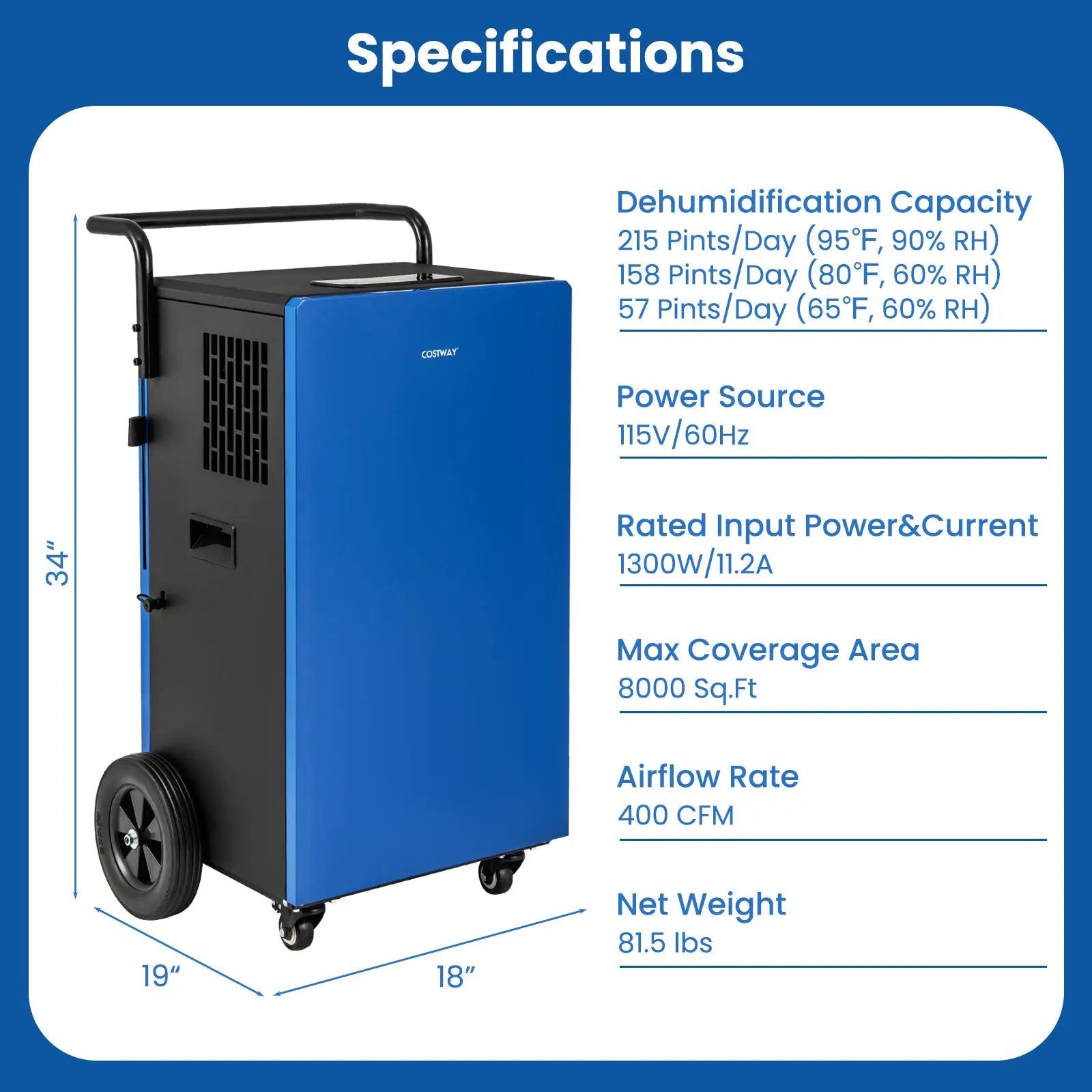 215 Pints 8000 Sq.Ft Commercial Dehumidifier For Home and Basement with 24H Timer-Blue by DirectDeals