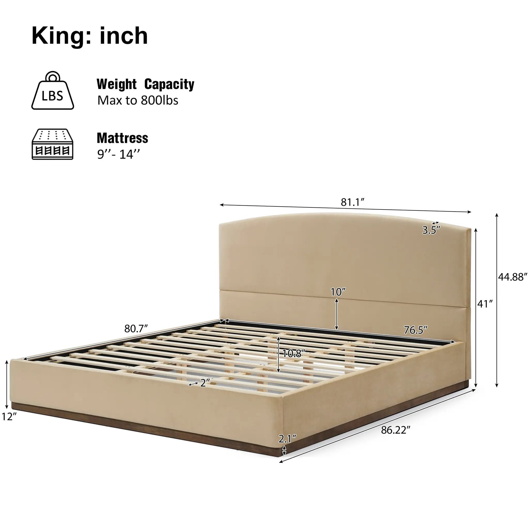 King Size Upholstered Bed Frame With Velvet Fabric Thick Headboard, Solid Wood Base, Camel by HouseOfZazla
