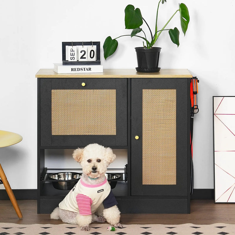 Feeding Station with 2 Lockers and Elevated Bowls Black by HouseOfZazla