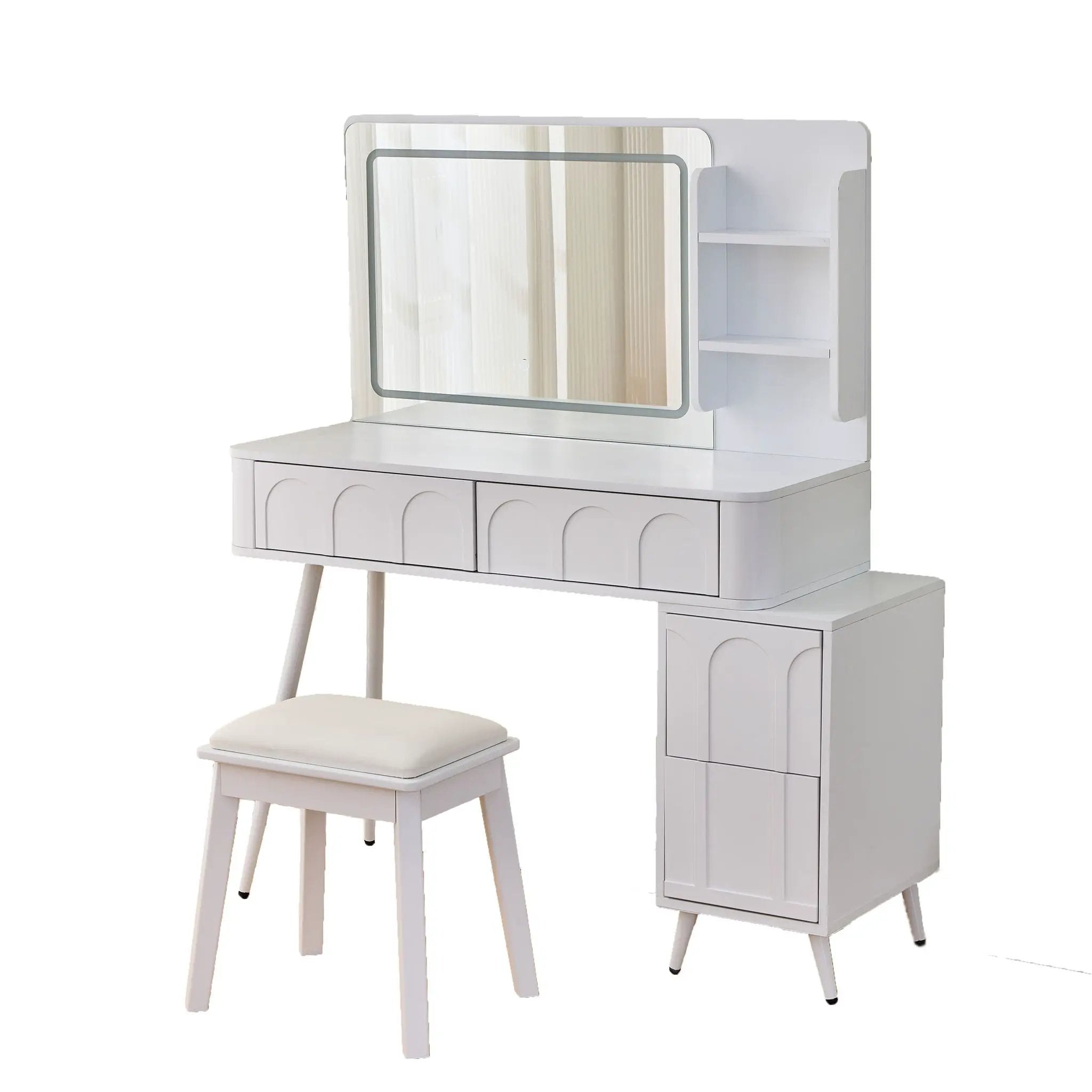 Modern Makeup Vanity Desk With LED Lights & Mirror 4 Drawer Dressing Table Set Space Saving For Bedroom - White by Unique Piece Furniture