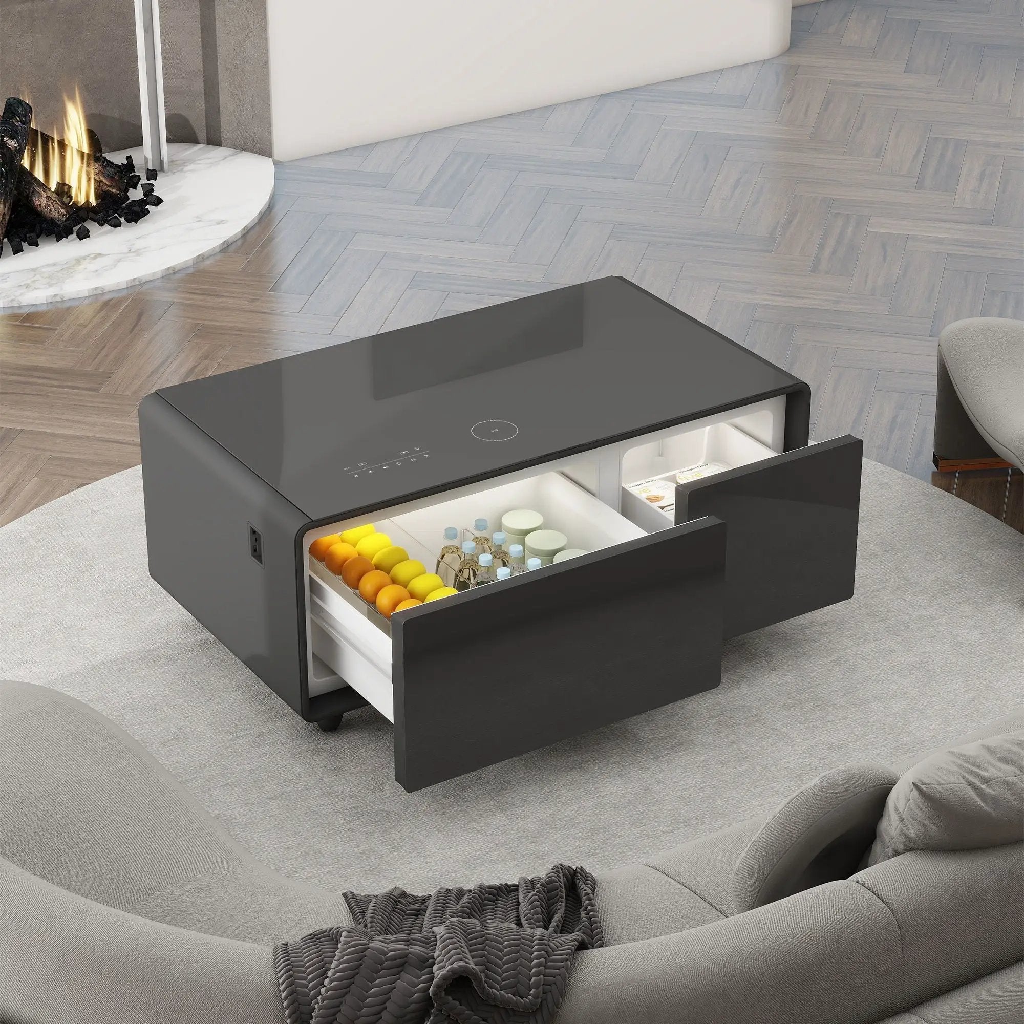 Modern Smart Coffee Table With Built-In Fridge - tooth Speaker, Wireless Charging, Touch Control Panel, USB Interface, Outlet Protection, Atmosphere Light by Unique Piece Furniture