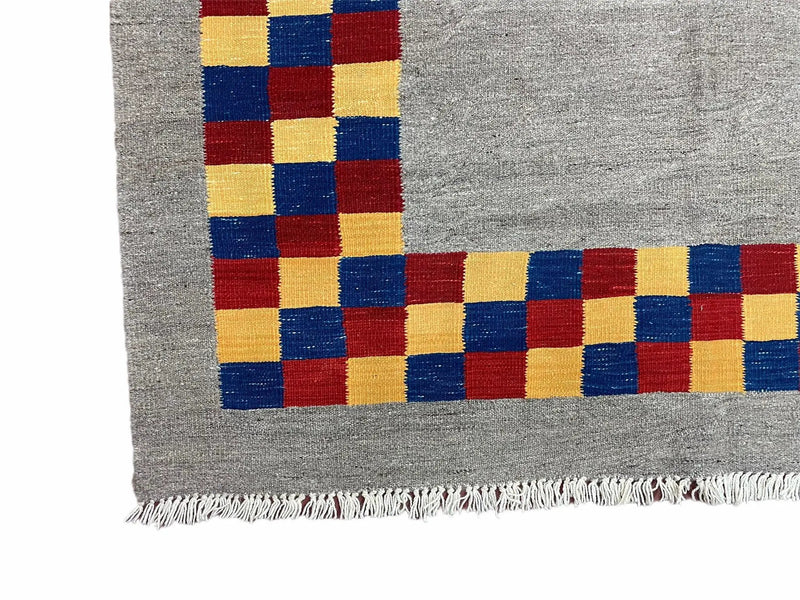 Gray Kilim Carpet, Yellow, Red, Blue Checkerboard Pattern, Flatweave, New, Geometric, Hand-Knotted, Wool, Turkish Area Rug, 5' 9" x 7' 9" by Jewel Rugs