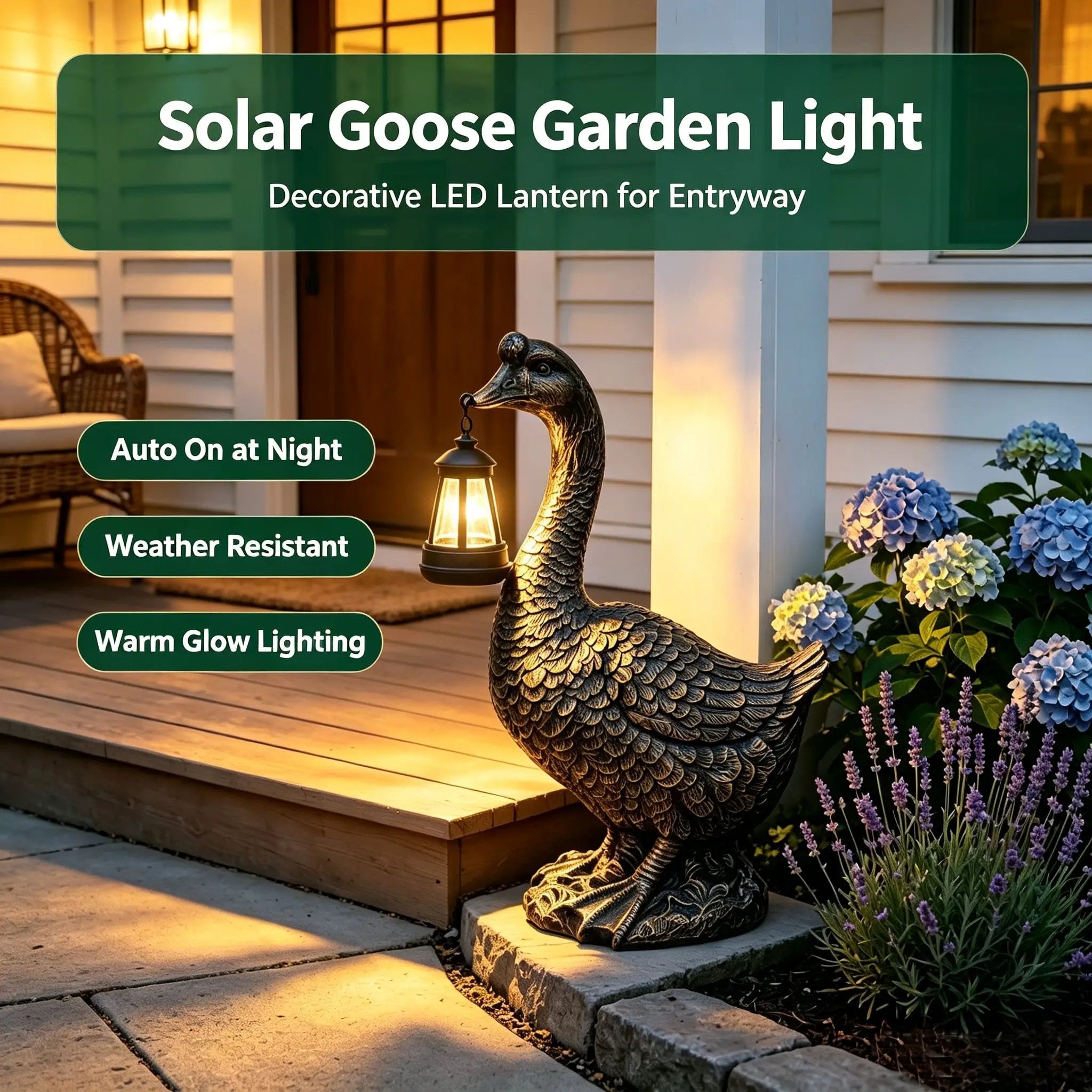 21'' Antique Bronze Goose Statue With Solar Lantern by HouseOfZazla