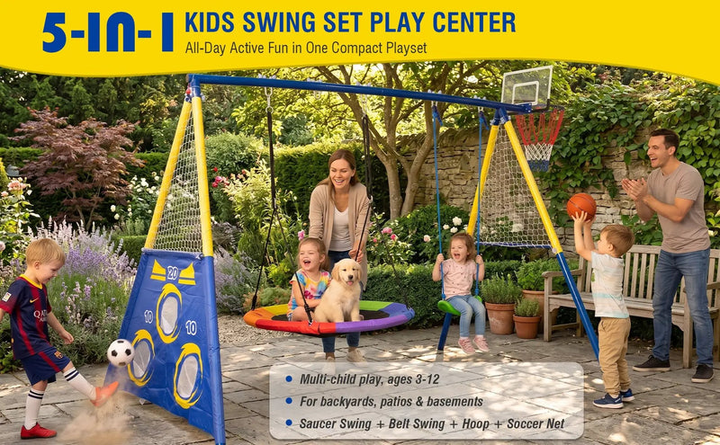 5-in-1 Kids Swing Set with Saucer Swing, Belt Swing, Basketball Hoop & Soccer Goal by HouseOfZazla