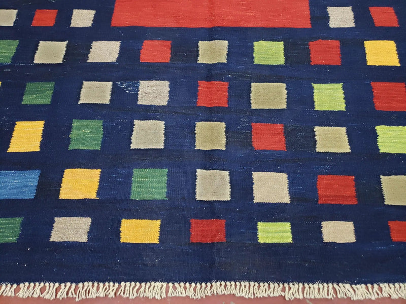 Turkish Kilim Rug 5x7 - 6x8, Checkerboard Kilim Carpet, Area Rug, New Playroom Rug, Colorful Multicolor Rug for Nursery Room, Dark Blue Red by Jewel Rugs