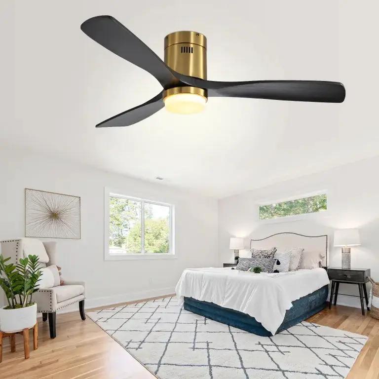 Flush Mount Ceiling Fan With 3 Solid Wood Blades Remote Control Reversible DC Motor For Living Room - Gold by Unique Piece Furniture