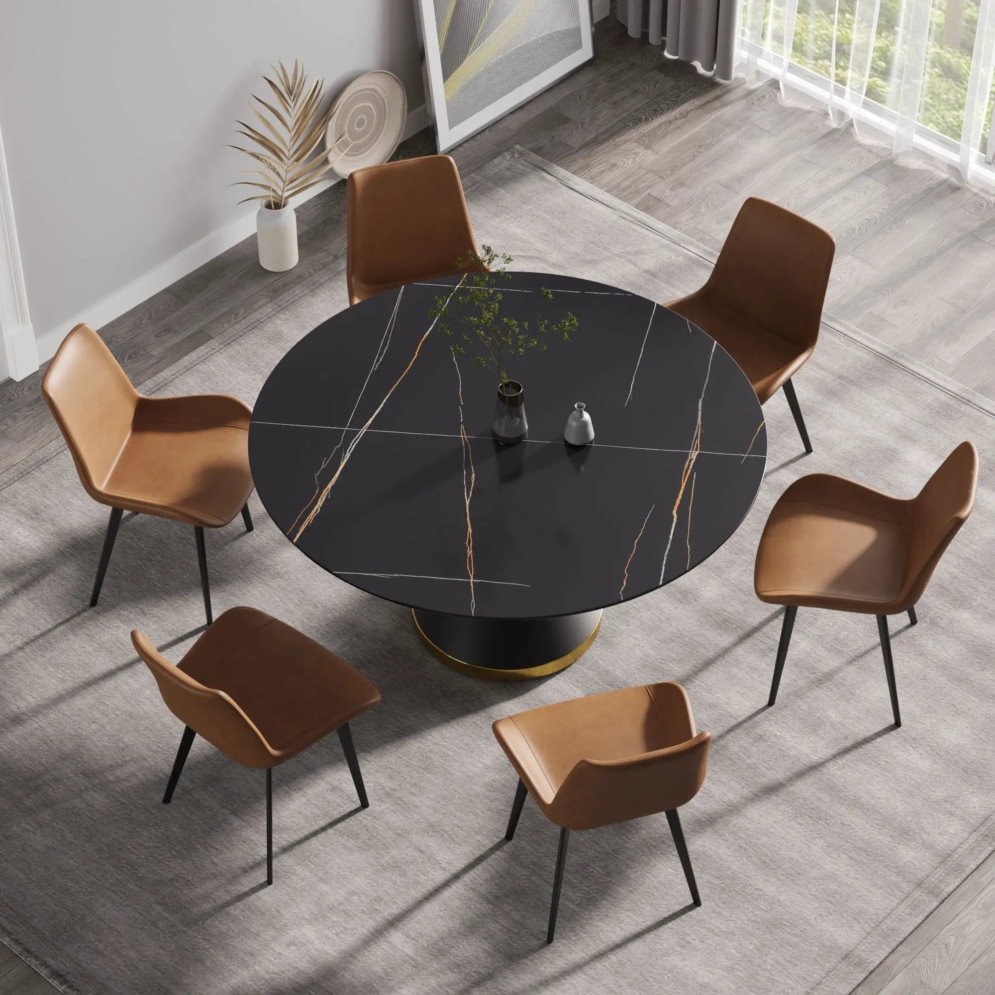 59.05" Modern Artificial Stone Round Black Carbon Steel Base Dining Table, Can Accommodate 6 People - Black by HouseOfZazla