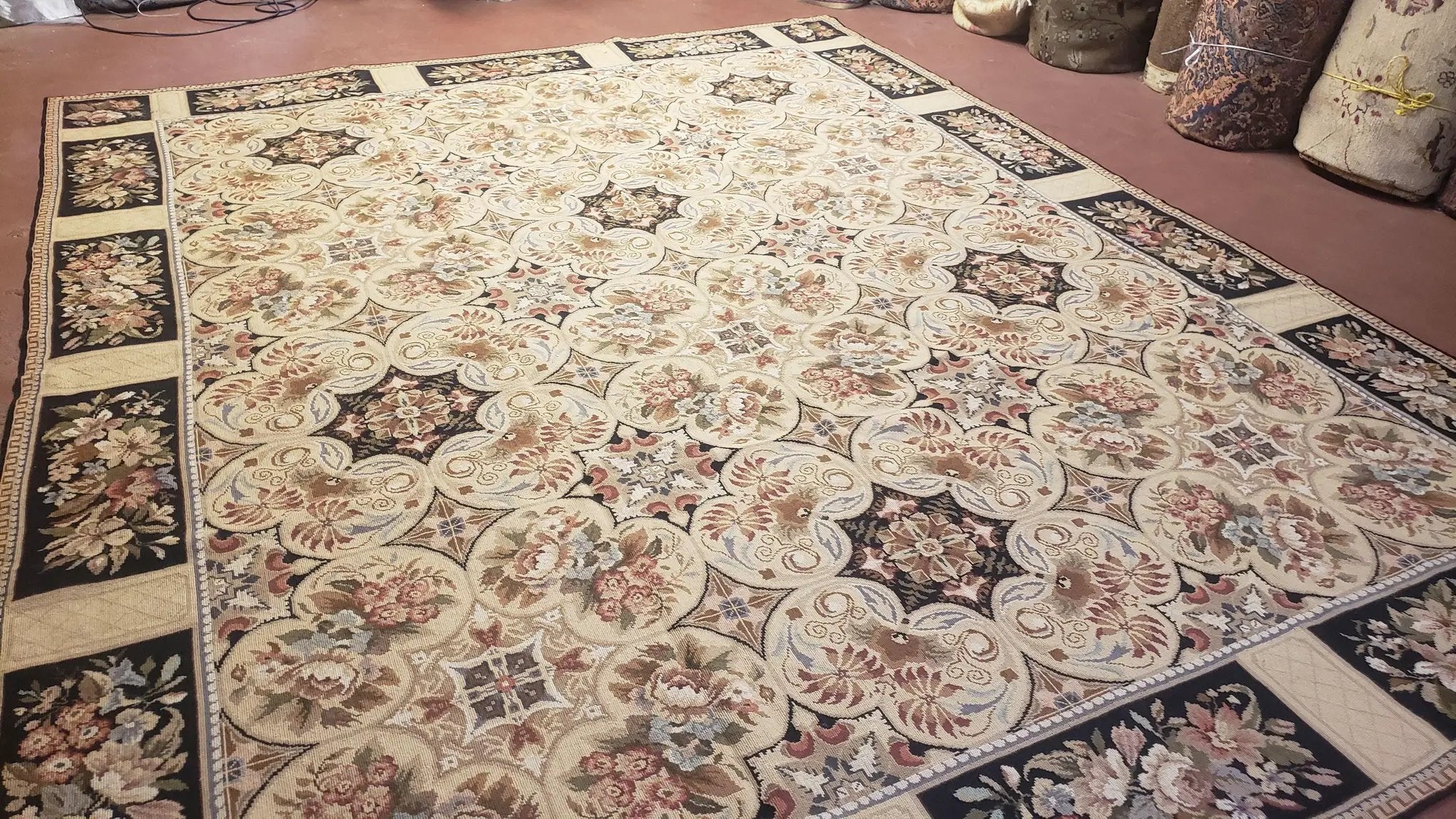 Needlepoint Rug 8x10ft Allover European Design Flowers 100% Wool Hand Knotted Aubusson Area Rug Brand New Flatweave Needle Point Carpet Chic by Jewel Rugs