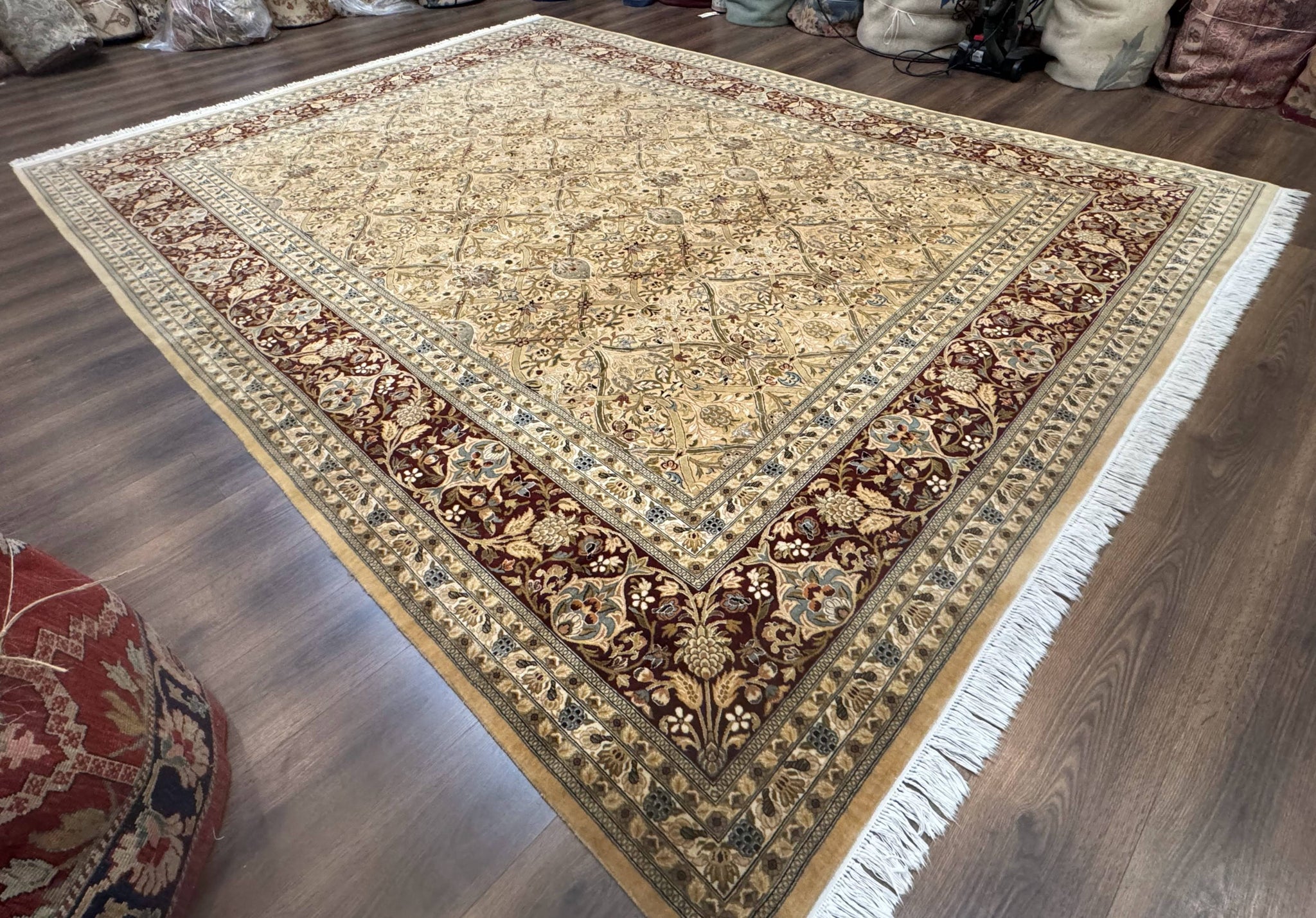 Fine Pak Persian Rug 9x12, Gold and Wine Red, Panel Design, 330 KPSI by Jewel Rugs