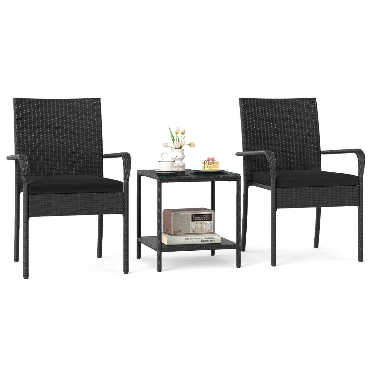 3 Piece Patio Furniture Set with Seat Cushions and Tempered Glass Tabletop, photo 12 of 24