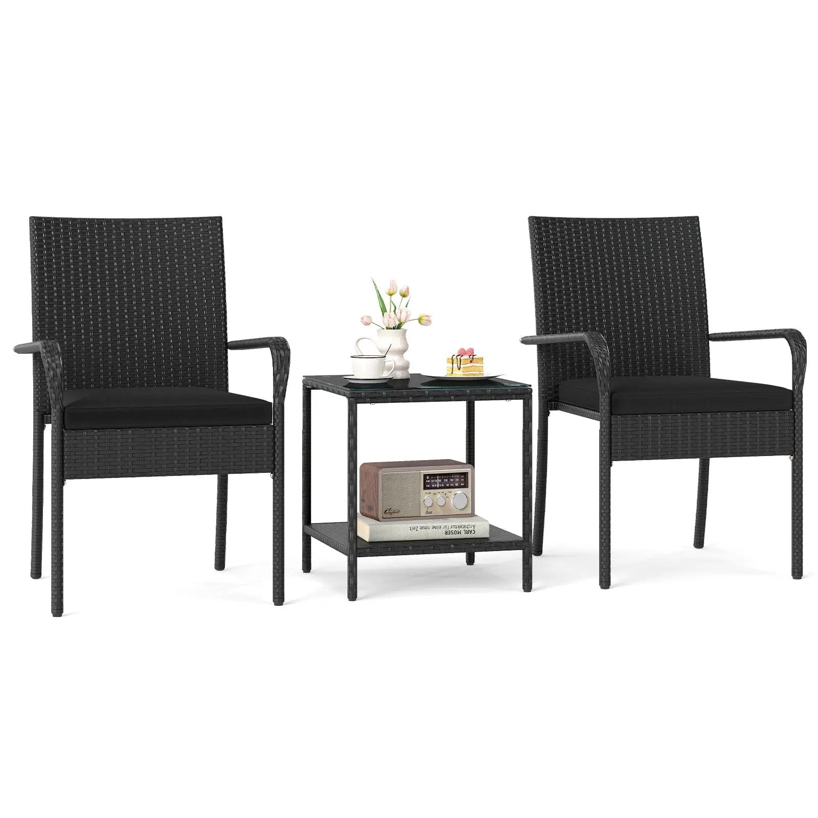 3 Piece Patio Furniture Set with Seat Cushions and Tempered Glass Tabletop by DirectDeals