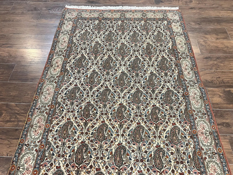 Persian Qum Rug 5x6, Cream Wool Hand Knotted Carpet, Repeated Boteh Paisely Design, Semi Antique Vintage Rug, Very Fine Weave 5 x 6 Rug by Jewel Rugs
