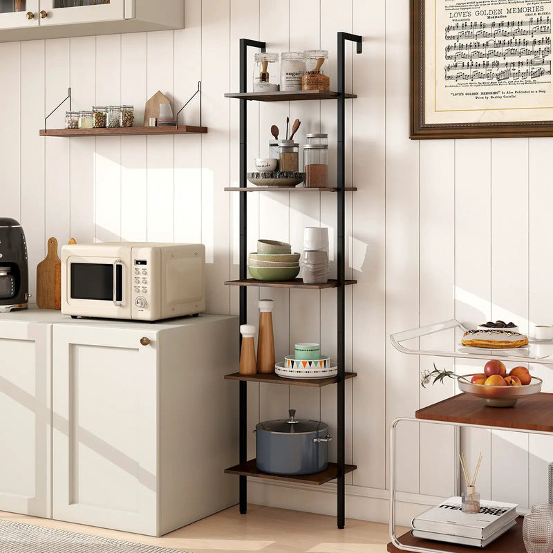5 Tier Wall Mount Ladder Shelf with Anti-Tipping Kits for Home Office-Rustic Brown by DirectDeals