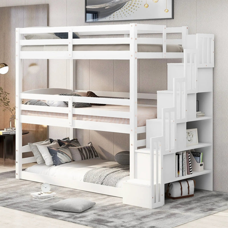 Twin Size Triple Bunk Bed With Storage Staircase, Separate Design - White by HouseOfZazla