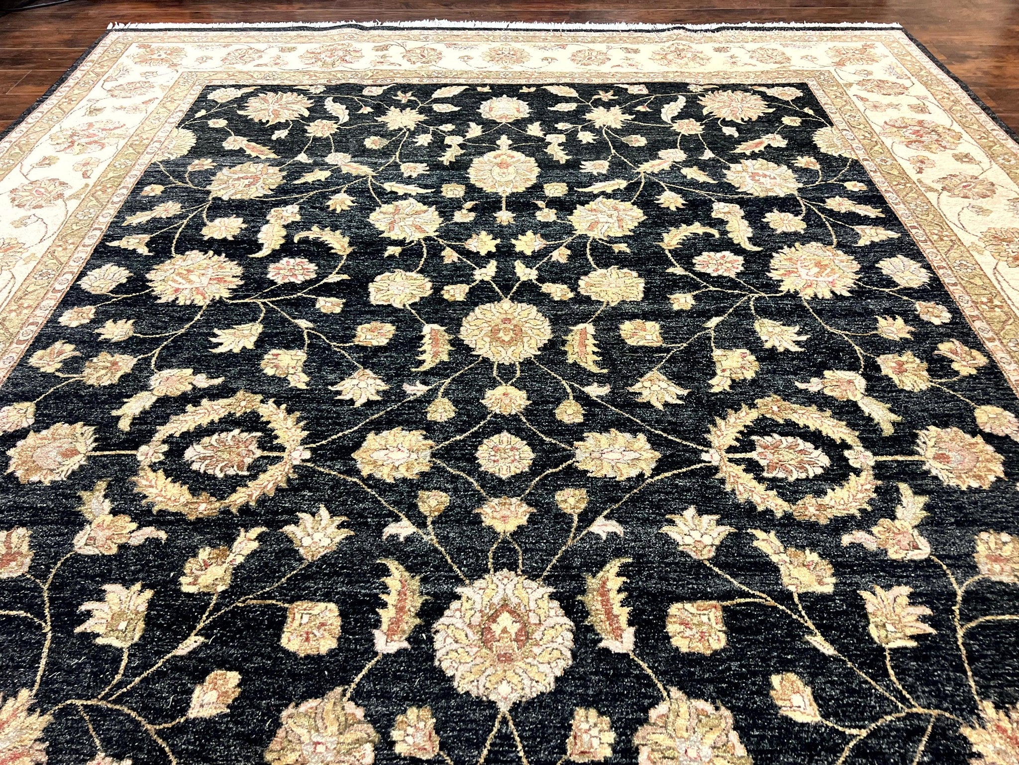 Indo Persian Rug 10x14, Charcoal and Beige, Floral Allover, Handmade Vintage Wool Carpet by Jewel Rugs