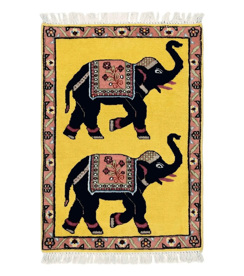 Unique Indian Pictorial Rug 2x3, Small Wool Hand Knotted Oriental Carpet, Yellow, Two Elephants, Handmade by Jewel Rugs