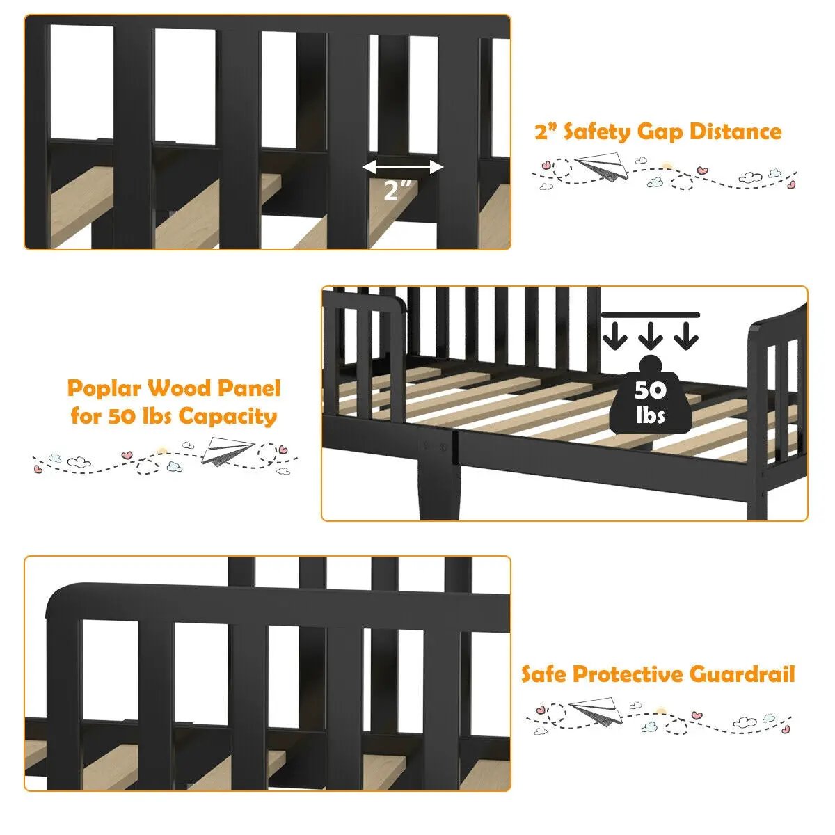 Classic Design Kids Wood Toddler Bed Frame with Two Side Safety Guardrails by DirectDeals