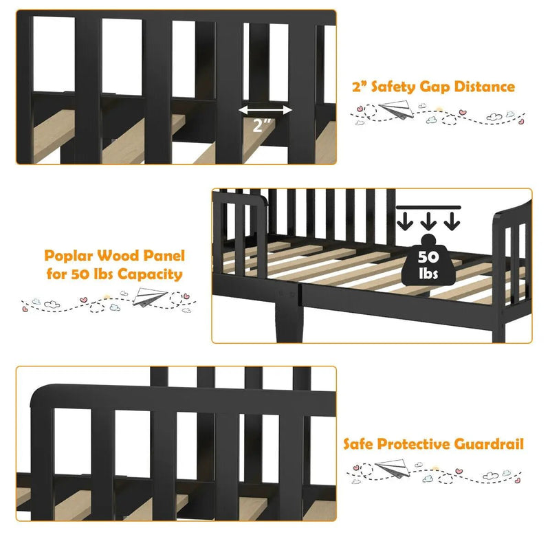 Classic Design Kids Wood Toddler Bed Frame with Two Side Safety Guardrails by DirectDeals