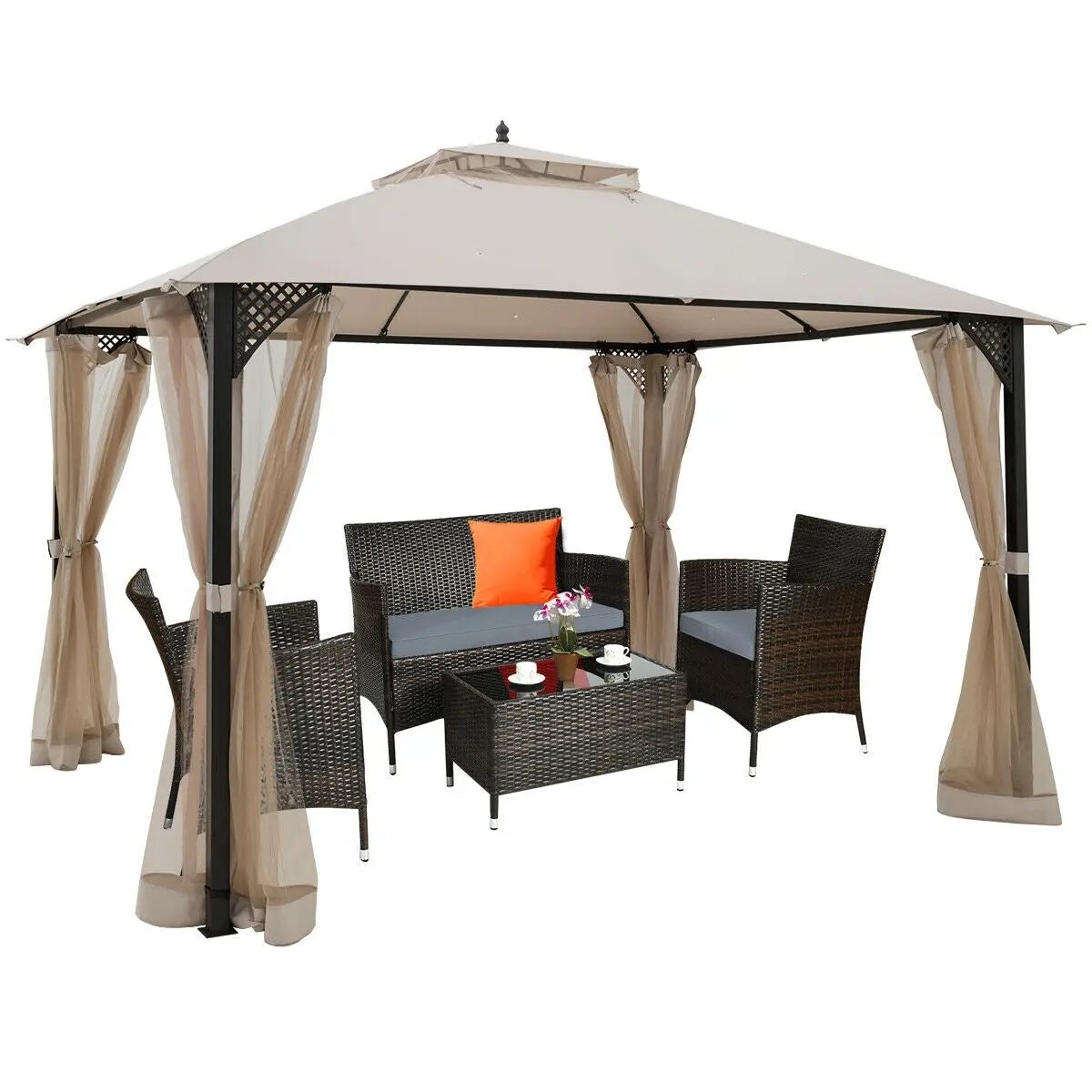 12 x 10 Feet Outdoor Double Top Patio Gazebo with Netting-Brown by DirectDeals