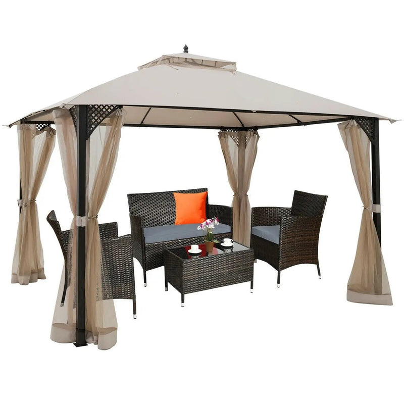 12 x 10 Feet Outdoor Double Top Patio Gazebo with Netting-Brown by DirectDeals
