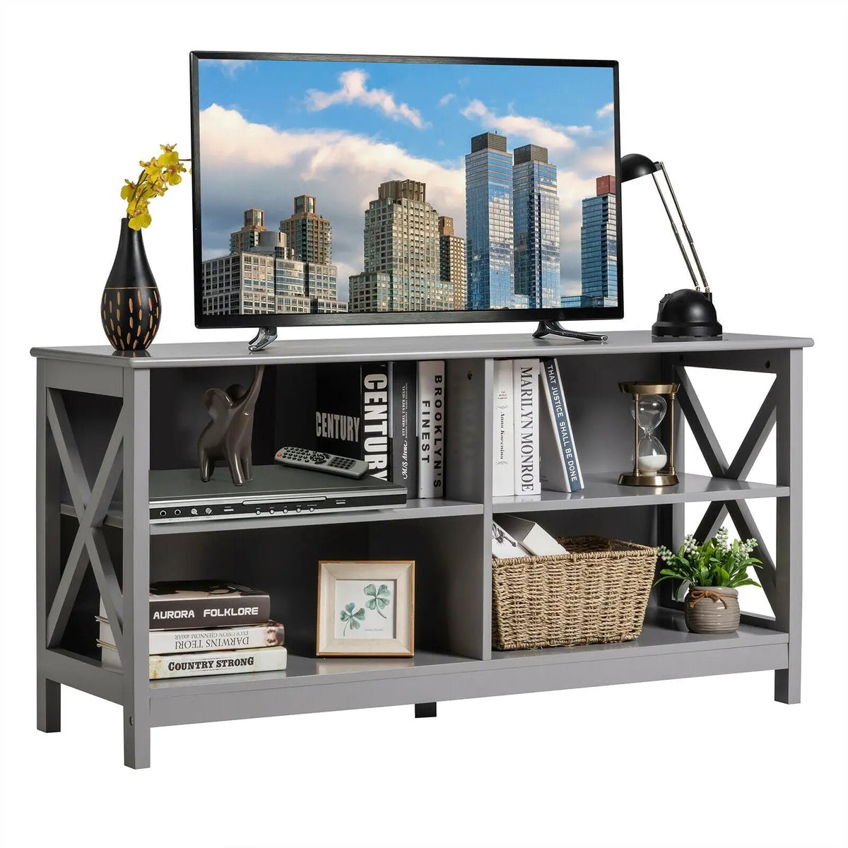 Wooden TV Stand Entertainment for TVs up to 55 Inch with X-Shaped Frame, photo 13 of 32